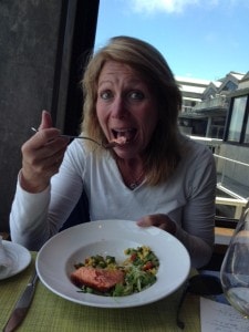 Editor Elaine Harris gives the King Salmon Dish her seal of approval