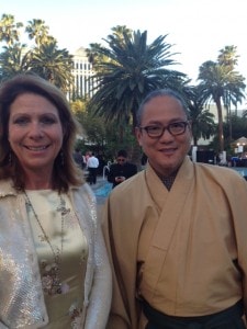 Elaine Harris, Cuisineist Editor-In-Chief and Iron Chef Masaharu Morimoto Poolside at the Mirage Resort Las Vegas